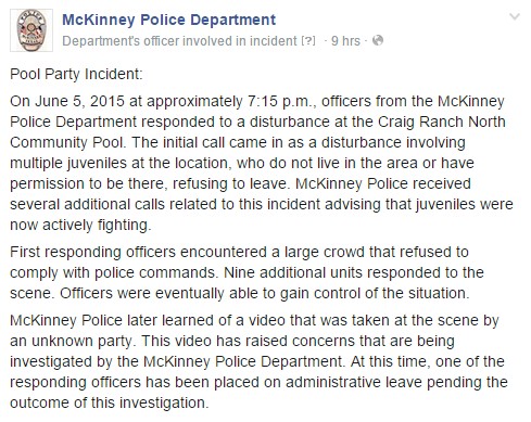 McKinney Police Department Statement 